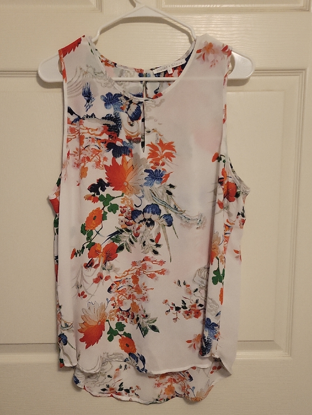 Sleeveless Floral Blouse - White with Orange & Blue Floral Print
